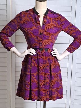 Kelly Wearstler Designer Silk Dress Lamb Leather Trim Abstract Animal Print